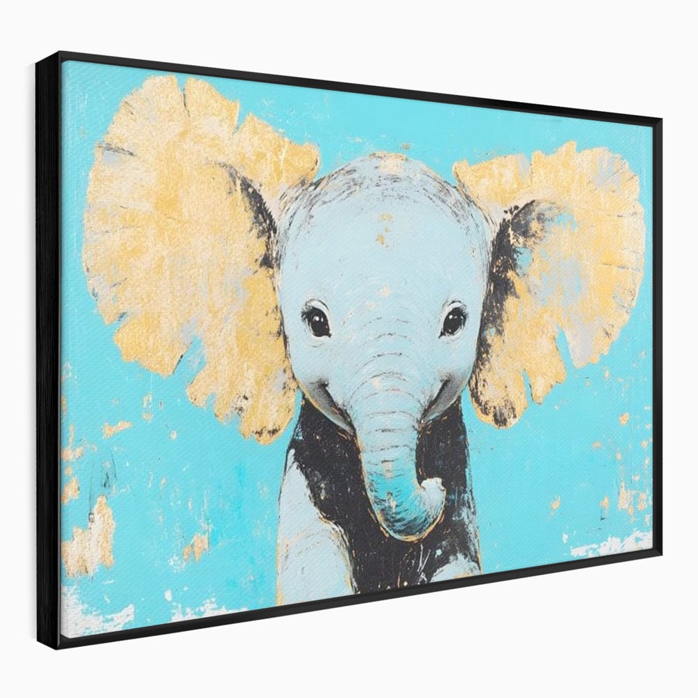 Tablou canvas cu tablou canvas cu un pui de elefant, in rama de aluminiu negru